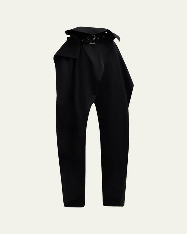Wool Gabardine Fold Over Belted Trousers