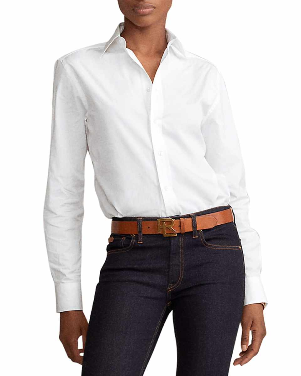 High-Low Cotton Boyfriend Blouse, White