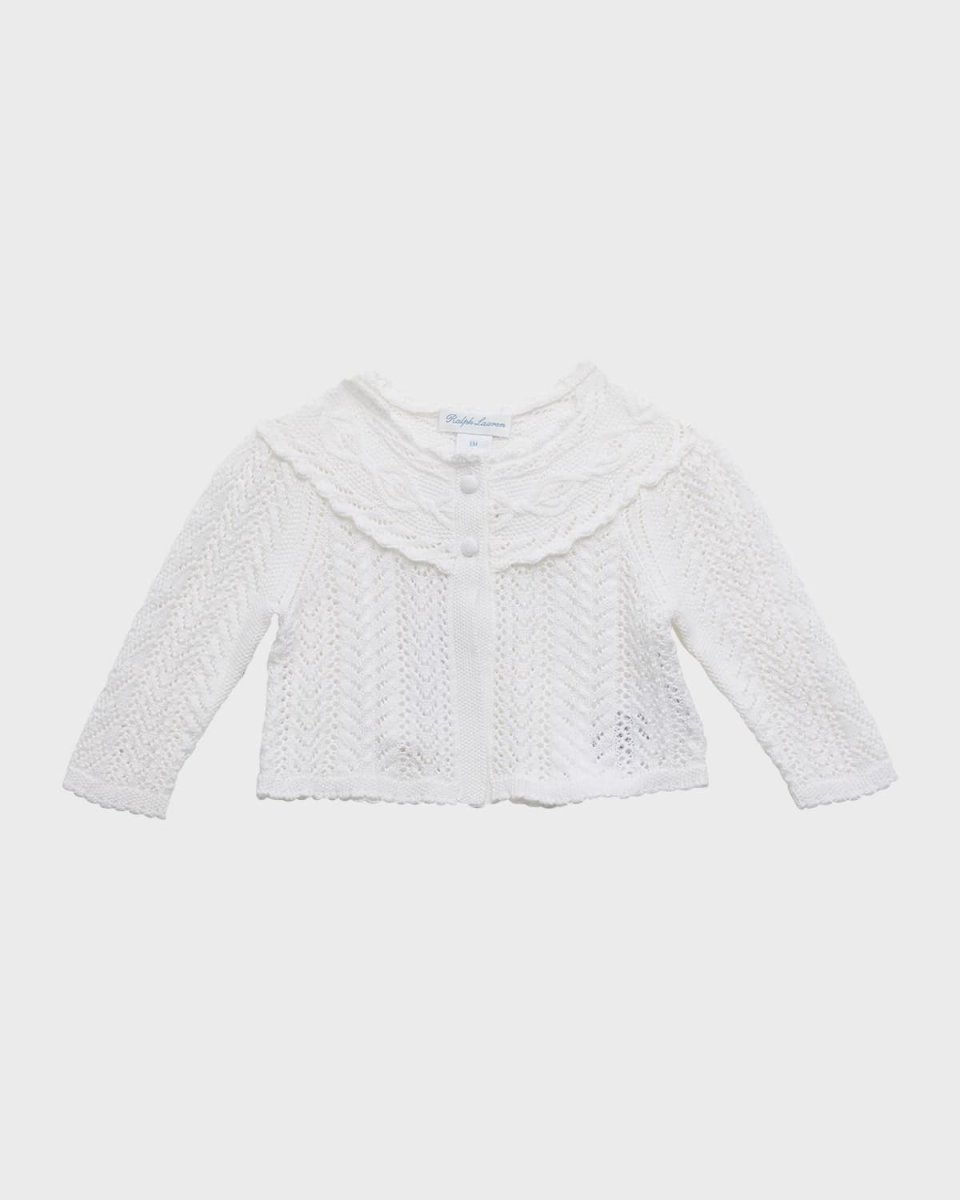 Girl's Long-Sleeve Open-Knit Cotton Cardigan, Size 3M-24M