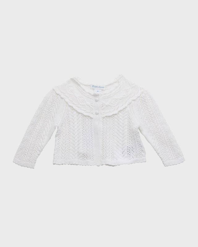Girl's Long-Sleeve Open-Knit Cotton Cardigan, Size 3M-24M