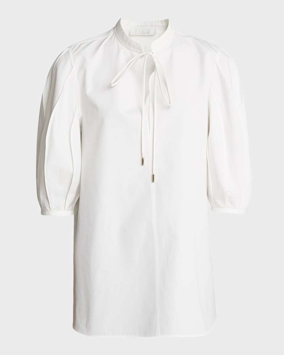 Organic Cotton Poplin Top with Tie Neckline