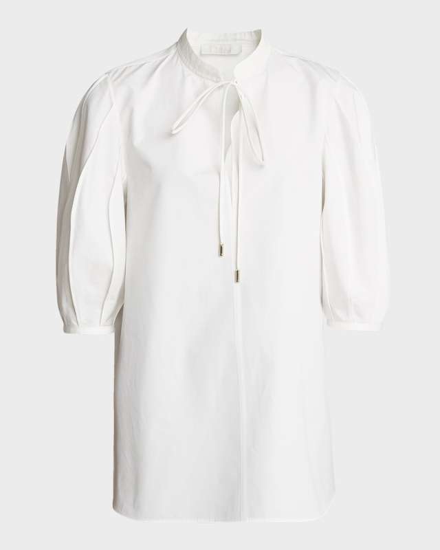Organic Cotton Poplin Top with Tie Neckline