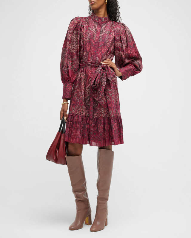 Ashlee Paisley-Print Balloon-Sleeve Dress