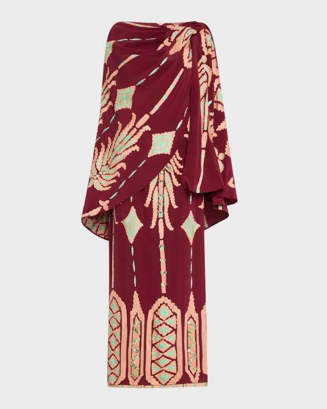 Wedge Weave Embroidered Cape Ankle Dress