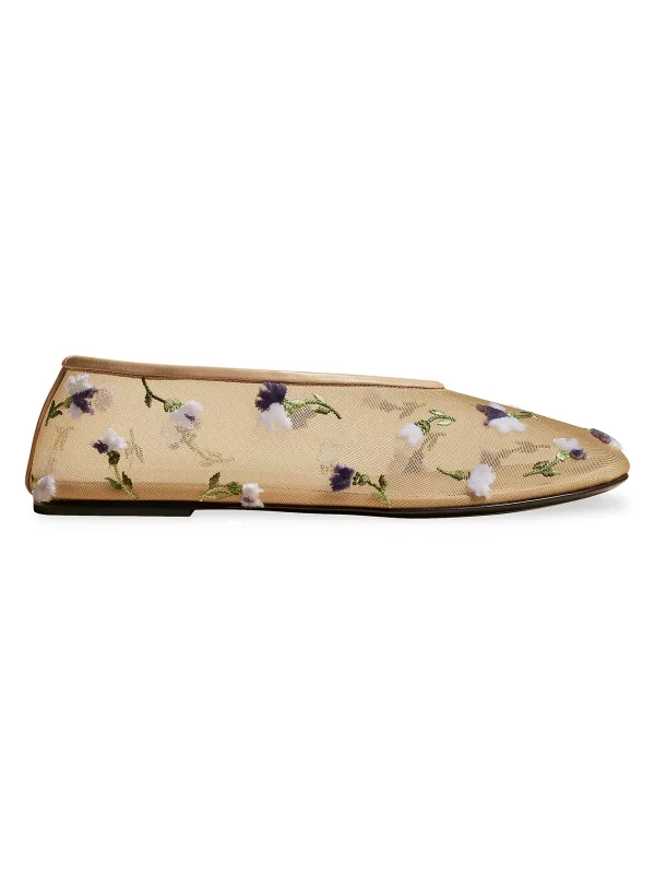 Khaite Marcy Floral Embroidered Mesh & Leather Flats