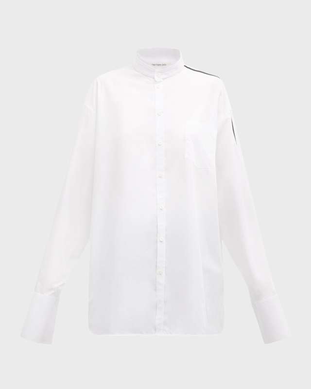 Peter Stripe-Sleeve Collarless Shirt