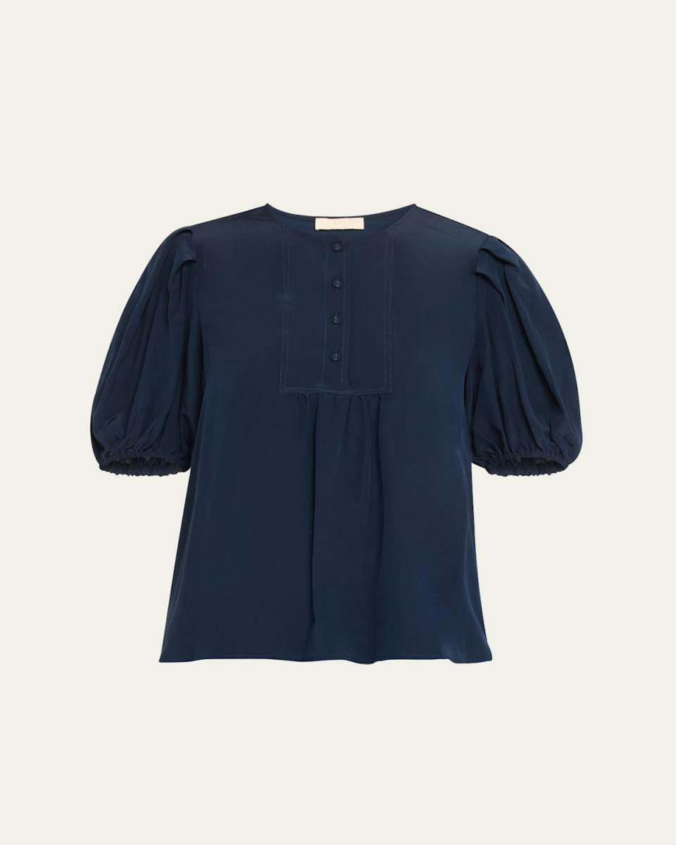 Lila Gathered Silk Puff-Sleeve Top