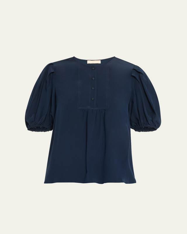Lila Gathered Silk Puff-Sleeve Top