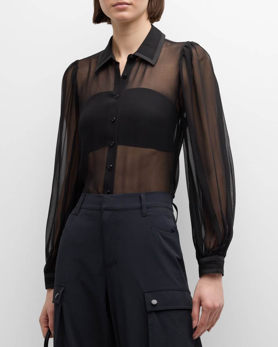 Roanne Sheer Blouson-Sleeve Button-Front Shirt