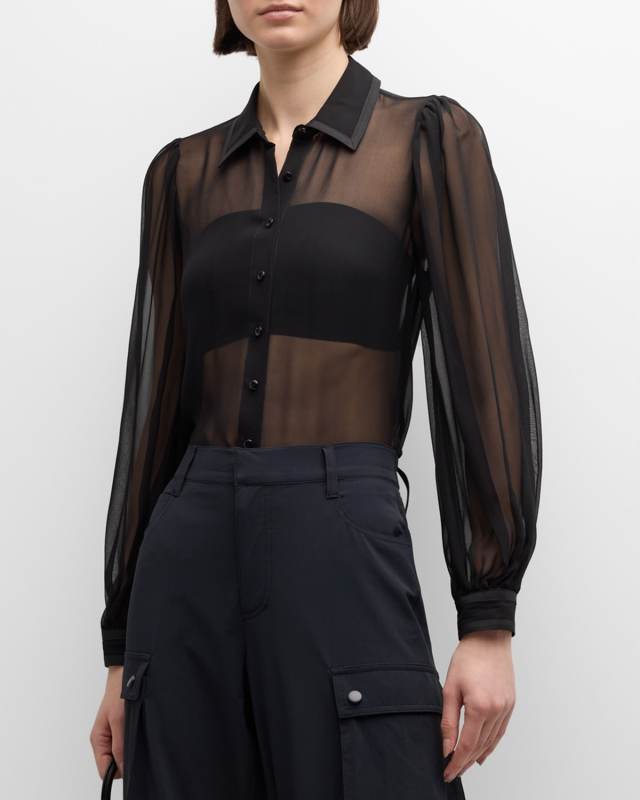 Roanne Sheer Blouson-Sleeve Button-Front Shirt