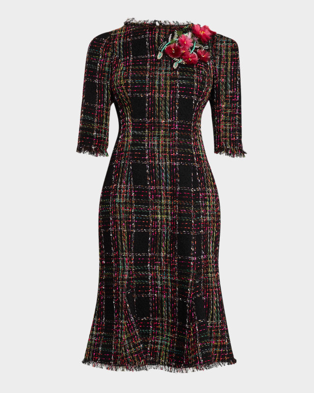 Beaded Floral Applique Tweed Dress