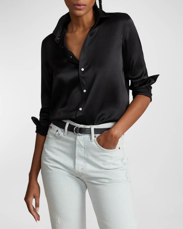 Slim-Fit Silk Shirt, Black