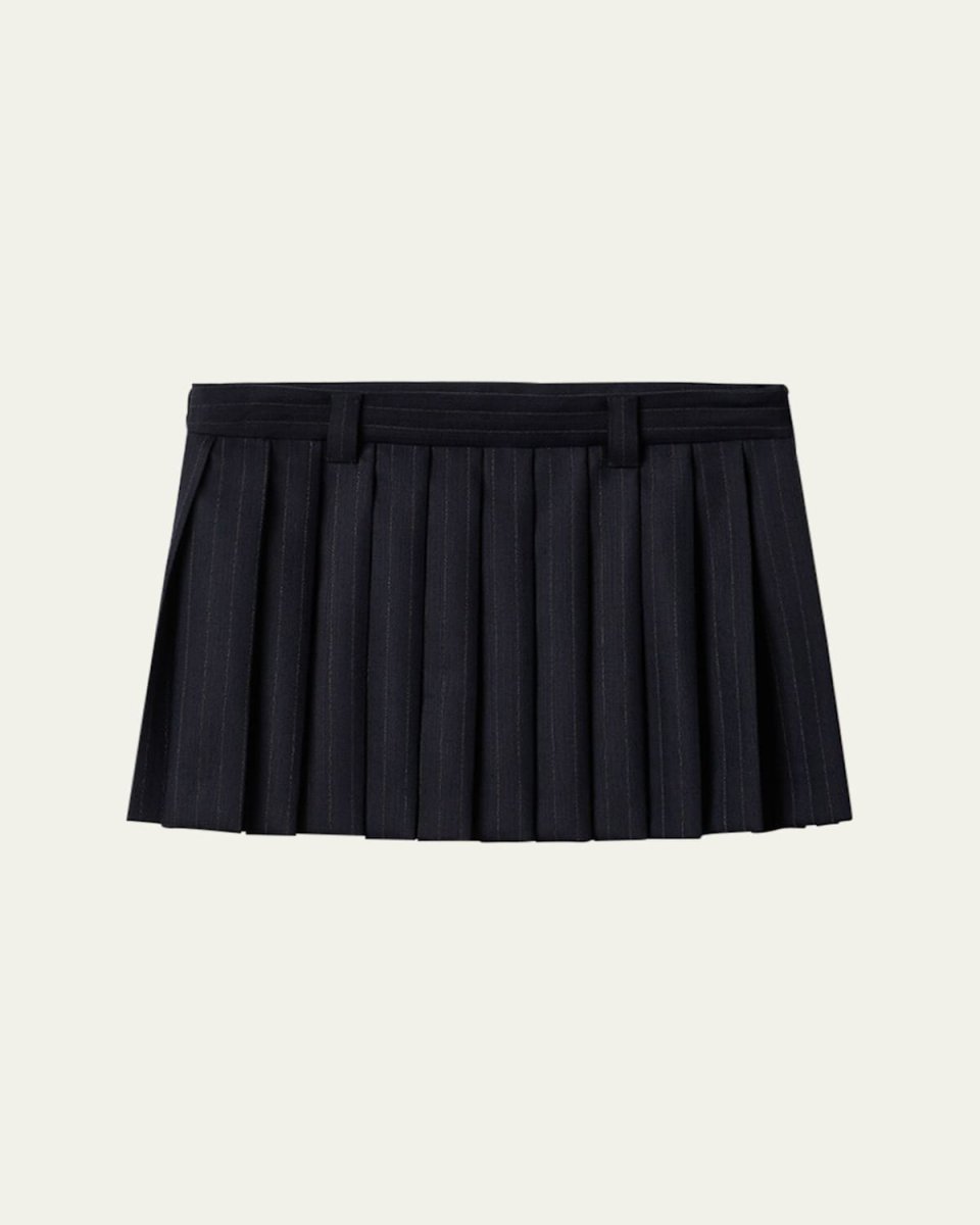 Pleated Pinstripe Wool Mini Skirt
