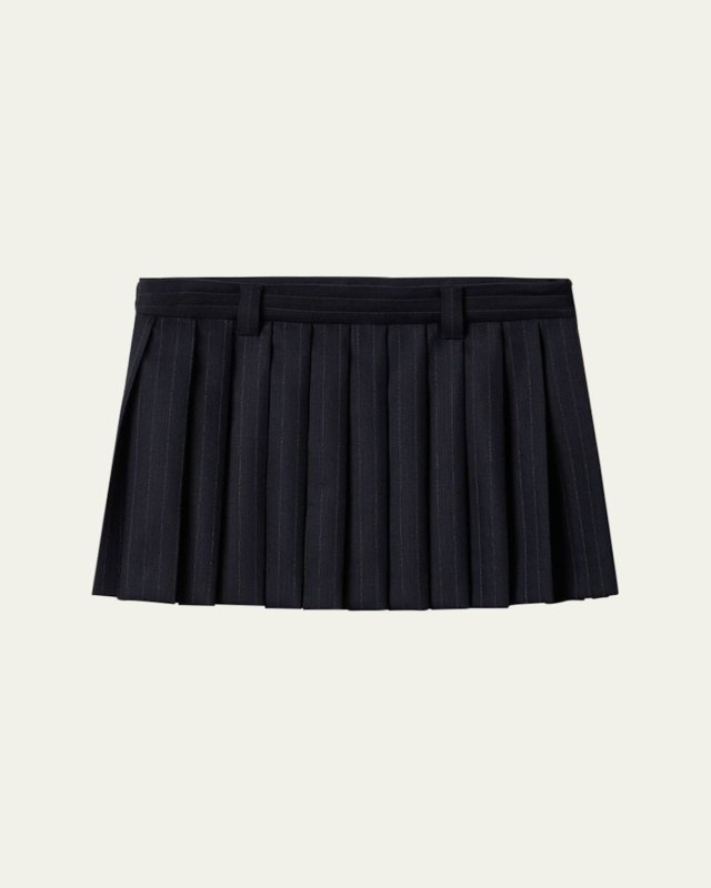 Pleated Pinstripe Wool Mini Skirt