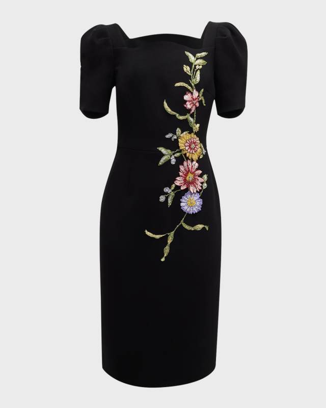 Puff-Sleeve Floral Applique Dress