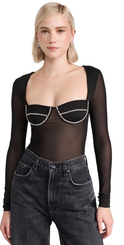 BARDOT Carter Diamante Thong Bodysuit Black