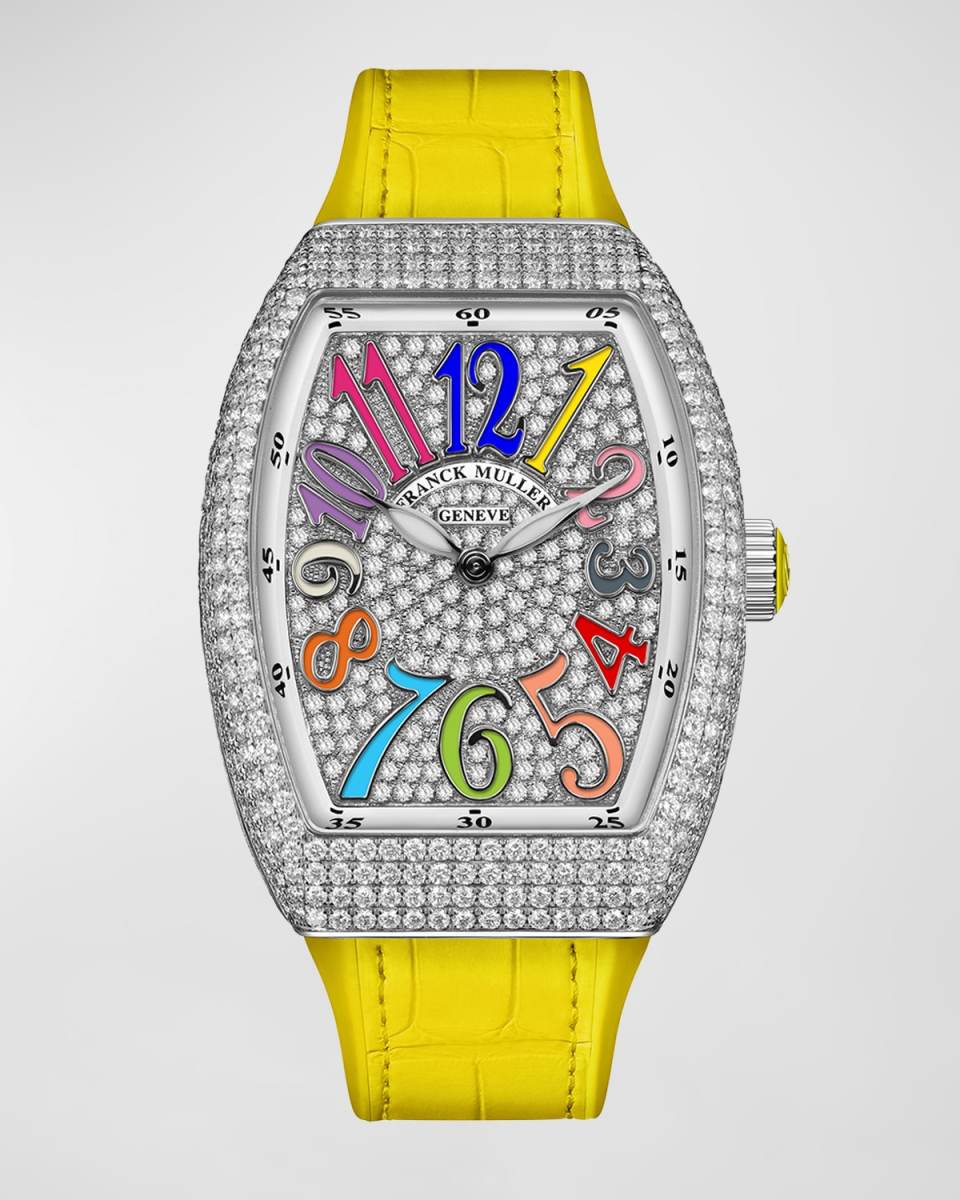 32mm Stainless Steel Vanguard Color Dreams Diamond Watch with Yellow Alligator Strap