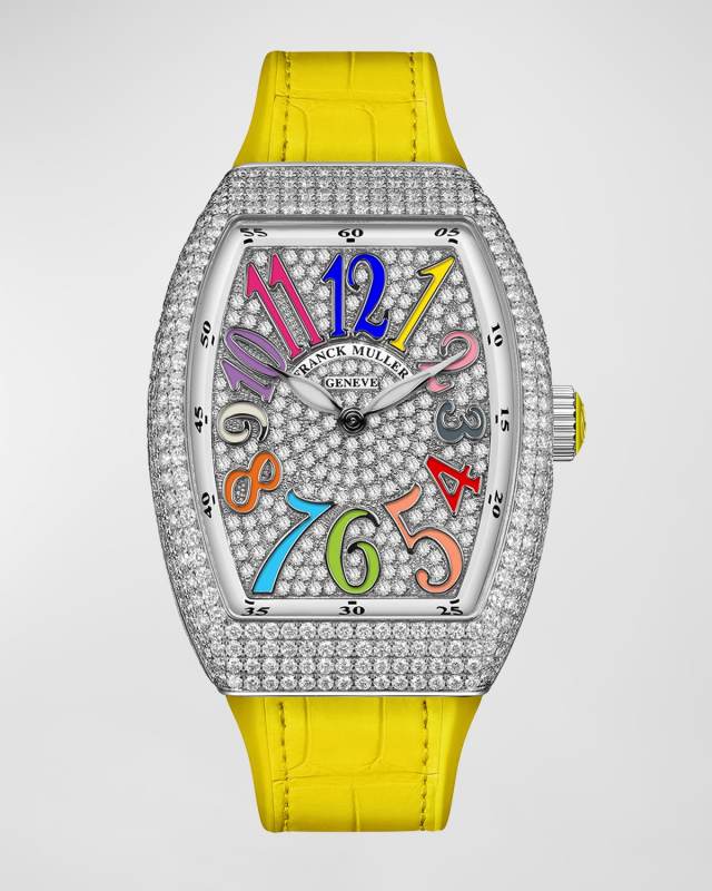 32mm Stainless Steel Vanguard Color Dreams Diamond Watch with Yellow Alligator Strap