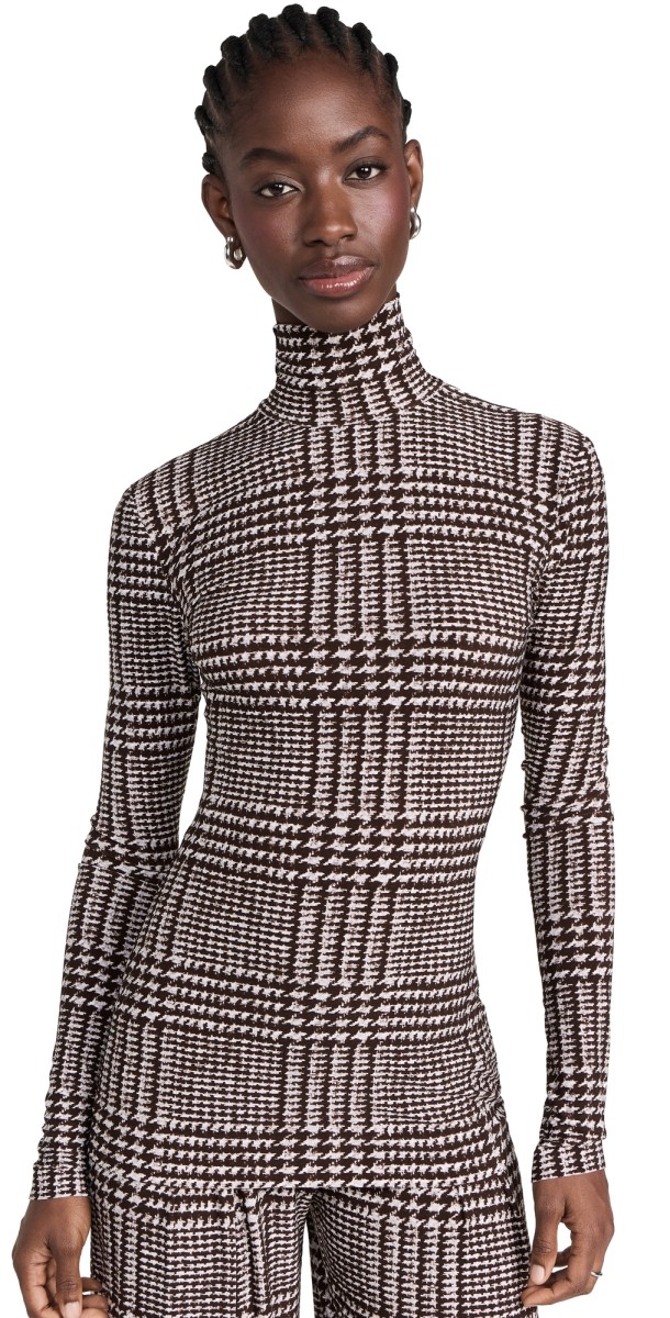 Norma Kamali Slim Fitong Sleeve Turtleneck Top CHOCOLATE GLENN PLAID TWEED