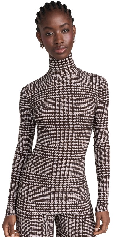 Norma Kamali Slim Fitong Sleeve Turtleneck Top CHOCOLATE GLENN PLAID TWEED