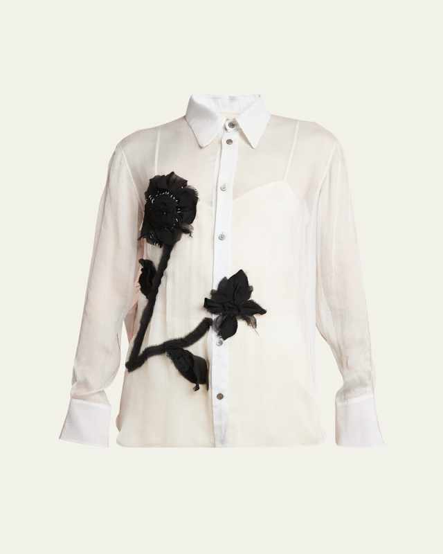 Flower-Embroidered Bicolor Classic Long-Sleeve Silk Shirt