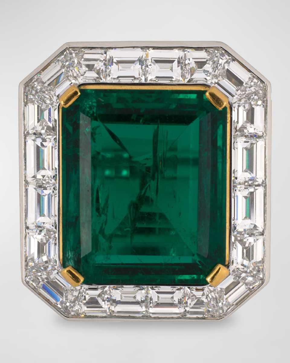 Estate 22K Yellow Gold and Platinum Emerald and Diamond Ring, Size 6.25