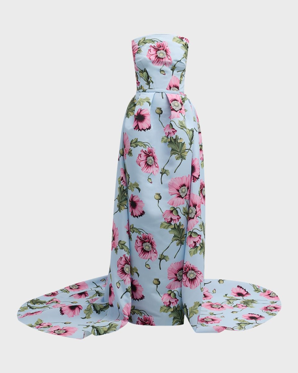 Poppies Print Faille Gown with Draped Train