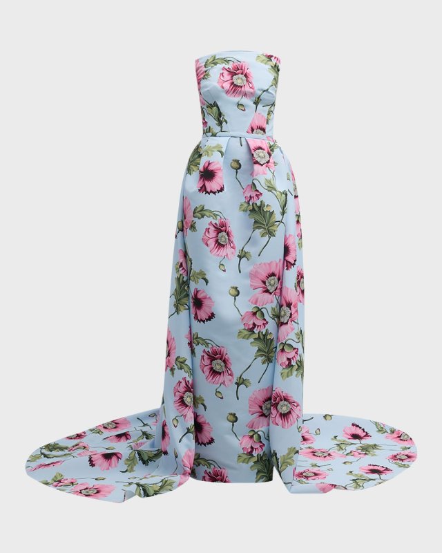Poppies Print Faille Gown with Draped Train