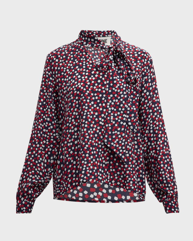 Keith Confetti-Print Neck-Tie Slim Silk Blouse