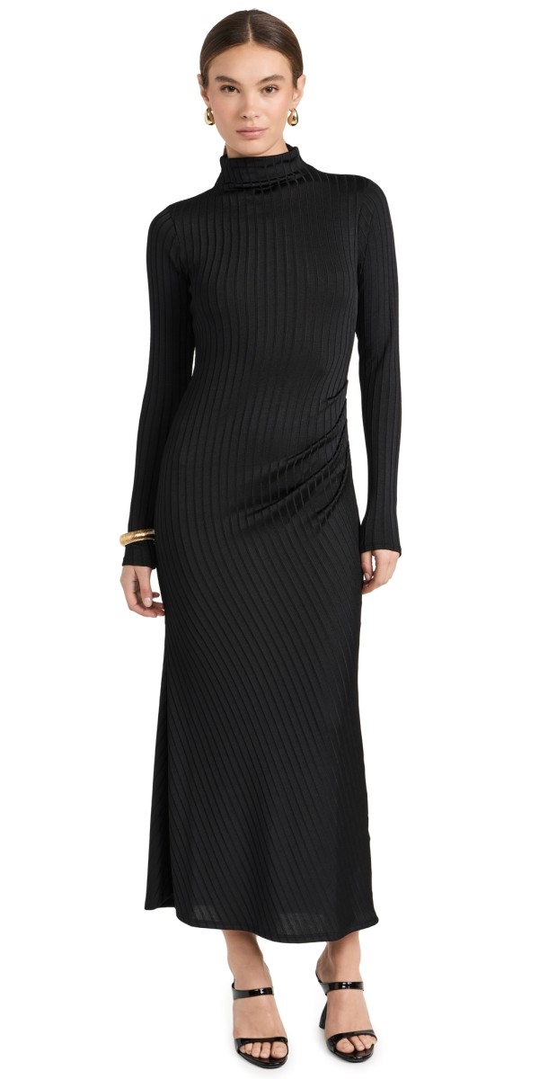 Good American Shine Rib Funnel Tuck Midi Dress Black001