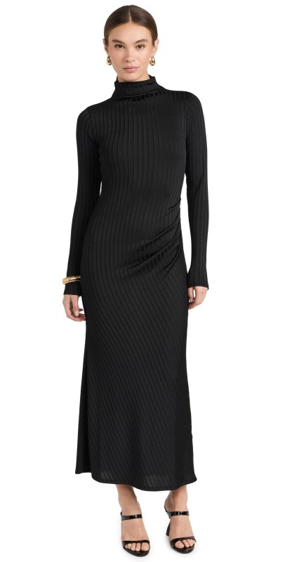 Good American Shine Rib Funnel Tuck Midi Dress Black001