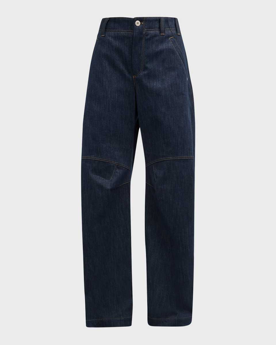 Metallic Denim Curved Wide-Leg Pants