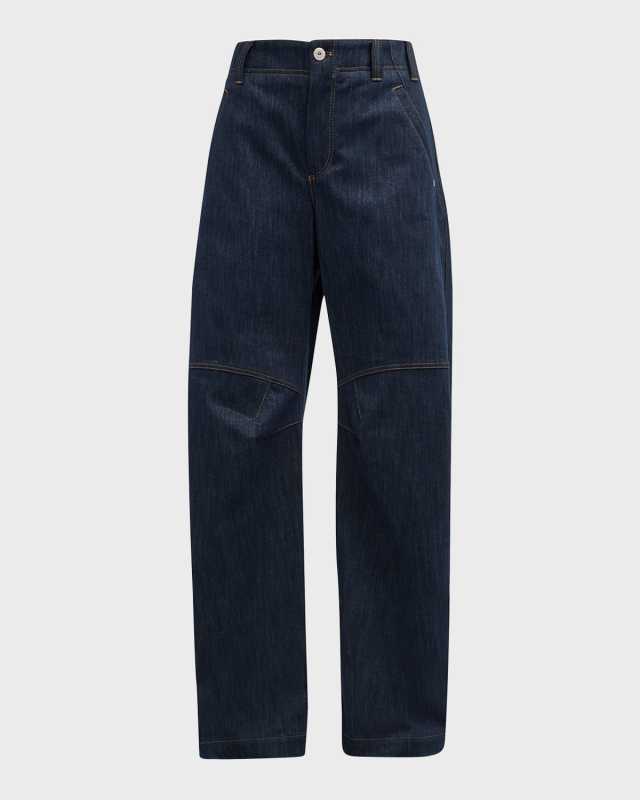 Metallic Denim Curved Wide-Leg Pants