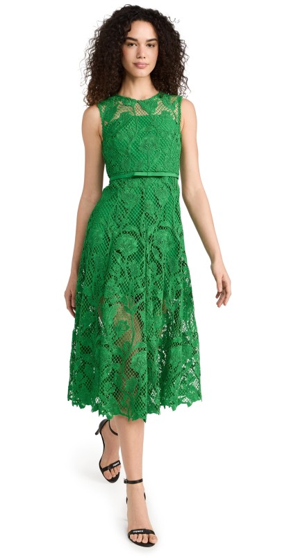 Self Portrait Green Lace Sleeveless Midi Dress Green