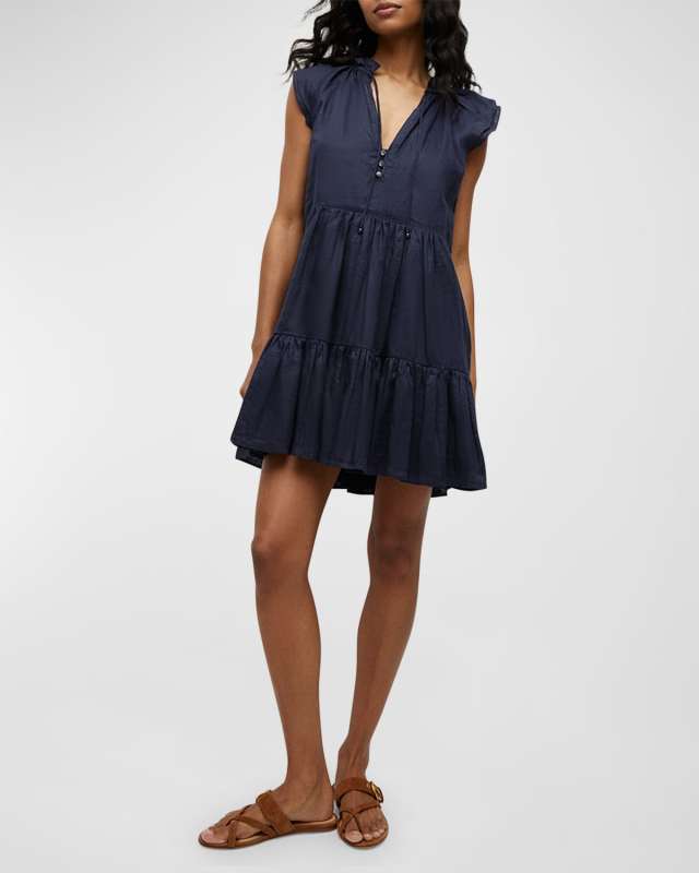 Zee Tiered Linen Flutter-Sleeve Mini Dress