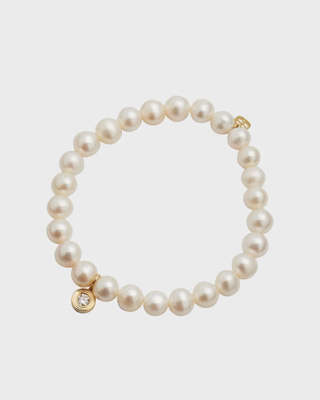 14k Gold Pearl Beaded Bracelet with Diamond Charm