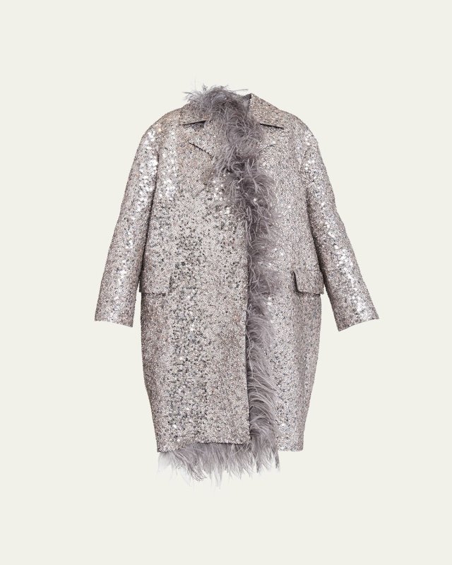 Sequin Embroidered Long Coat with Feather Trim