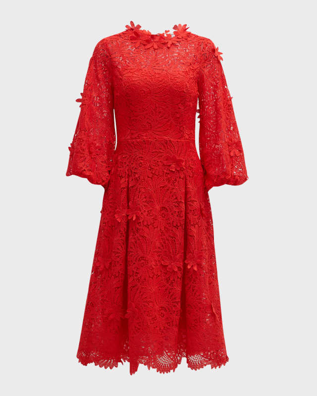 Blouson-Sleeve Floral Lace Midi Dress