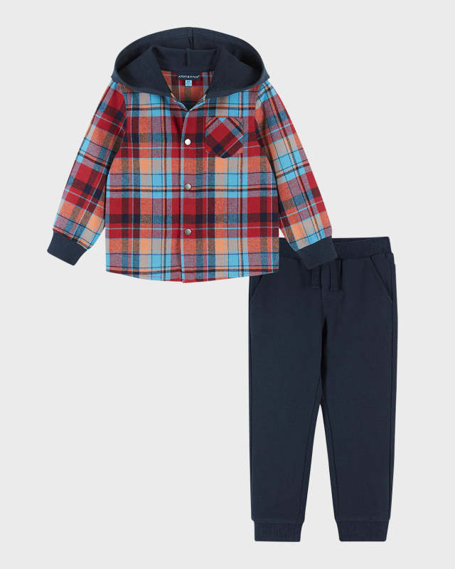 Boy's Flannel-Print Hoodie W/ Sweat Pants, Size 2T-8
