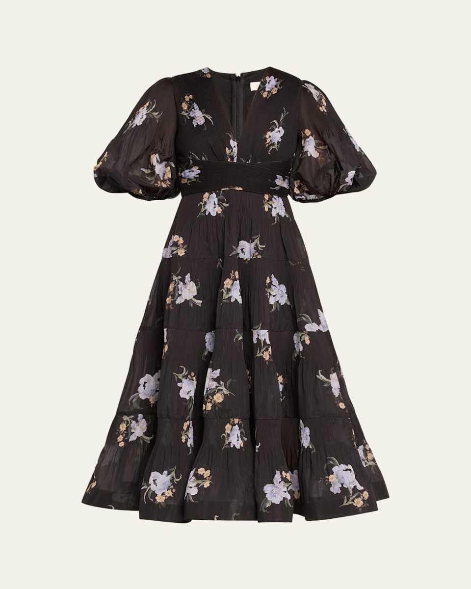 Pleated Puff-Sleeve Tiered Midi Dress