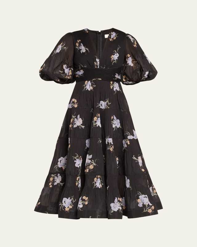 Pleated Puff-Sleeve Tiered Midi Dress