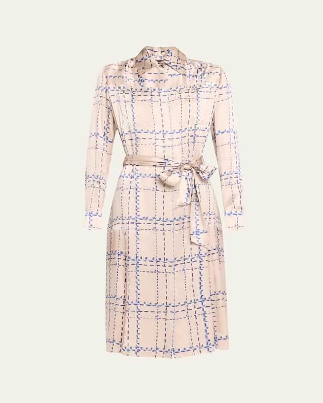 Stitch-Print Belted Button Down Midi Silk Dress