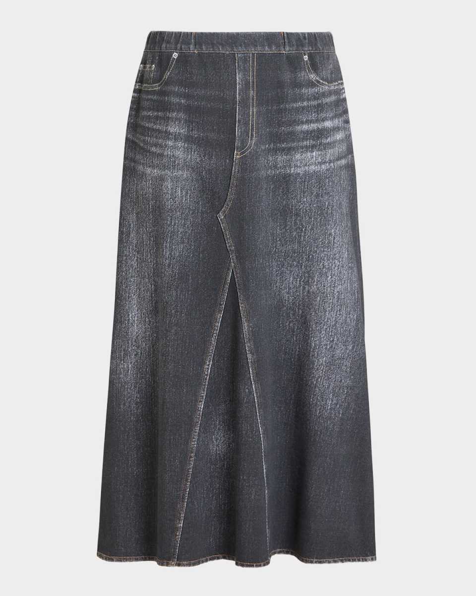 Plus Size Laccato Denim-Print Midi Skirt
