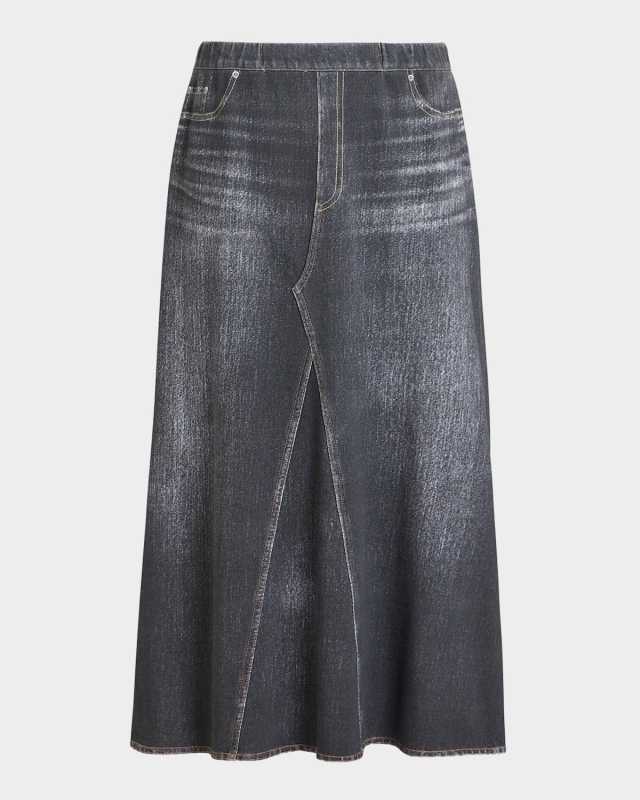 Plus Size Laccato Denim-Print Midi Skirt