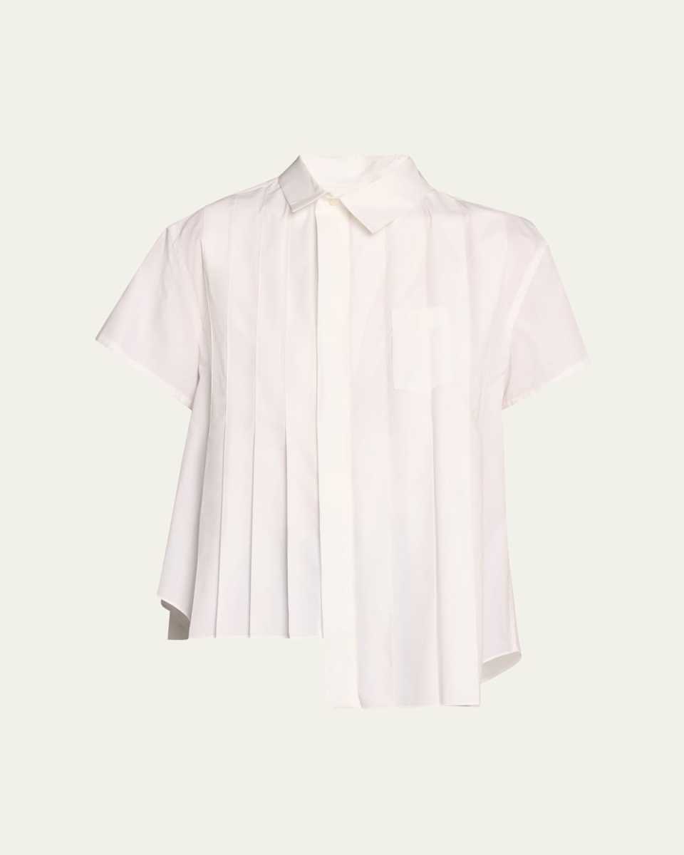 Poplin Pleated Asymmetric Button-Front Shirt