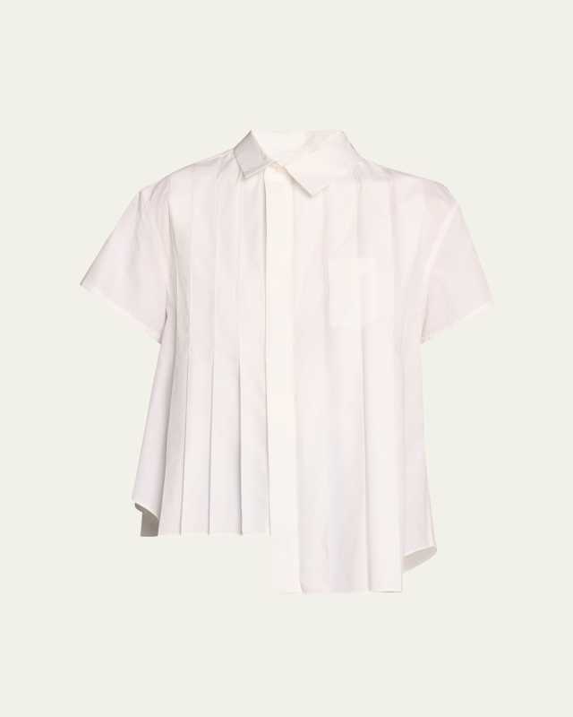 Poplin Pleated Asymmetric Button-Front Shirt