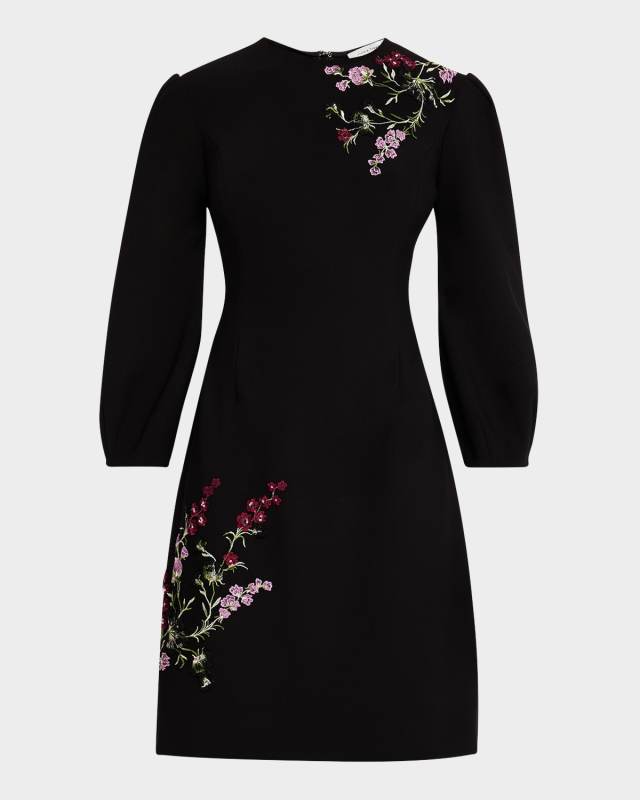 Blouson-Sleeve Floral Applique Crepe Dress