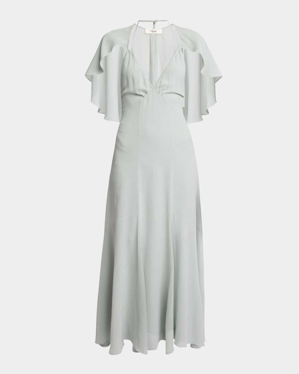 Silk Georgette Flutter-Sleeve Maxi Dress