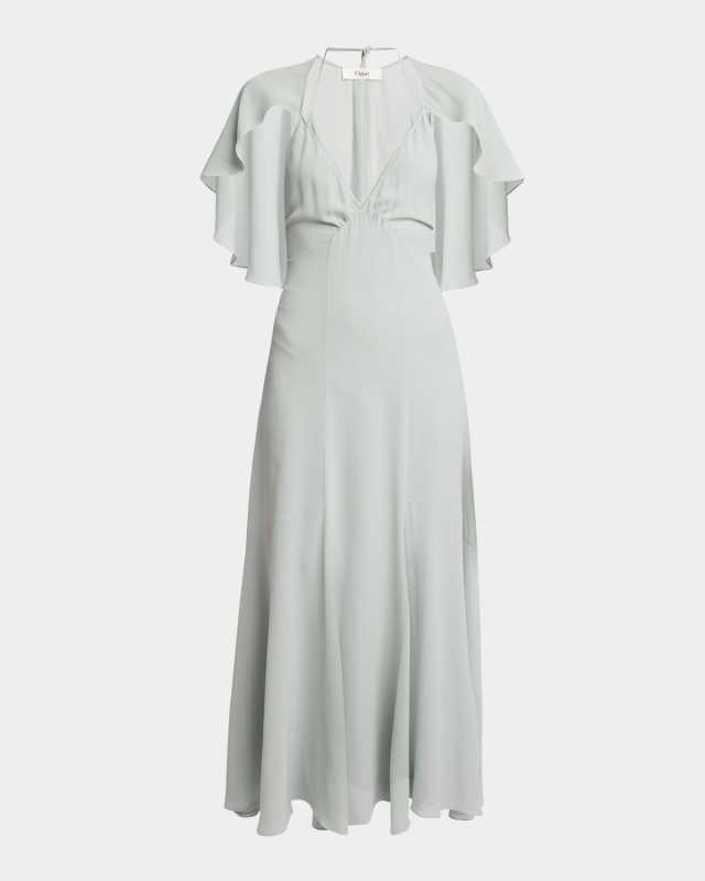 Silk Georgette Flutter-Sleeve Maxi Dress
