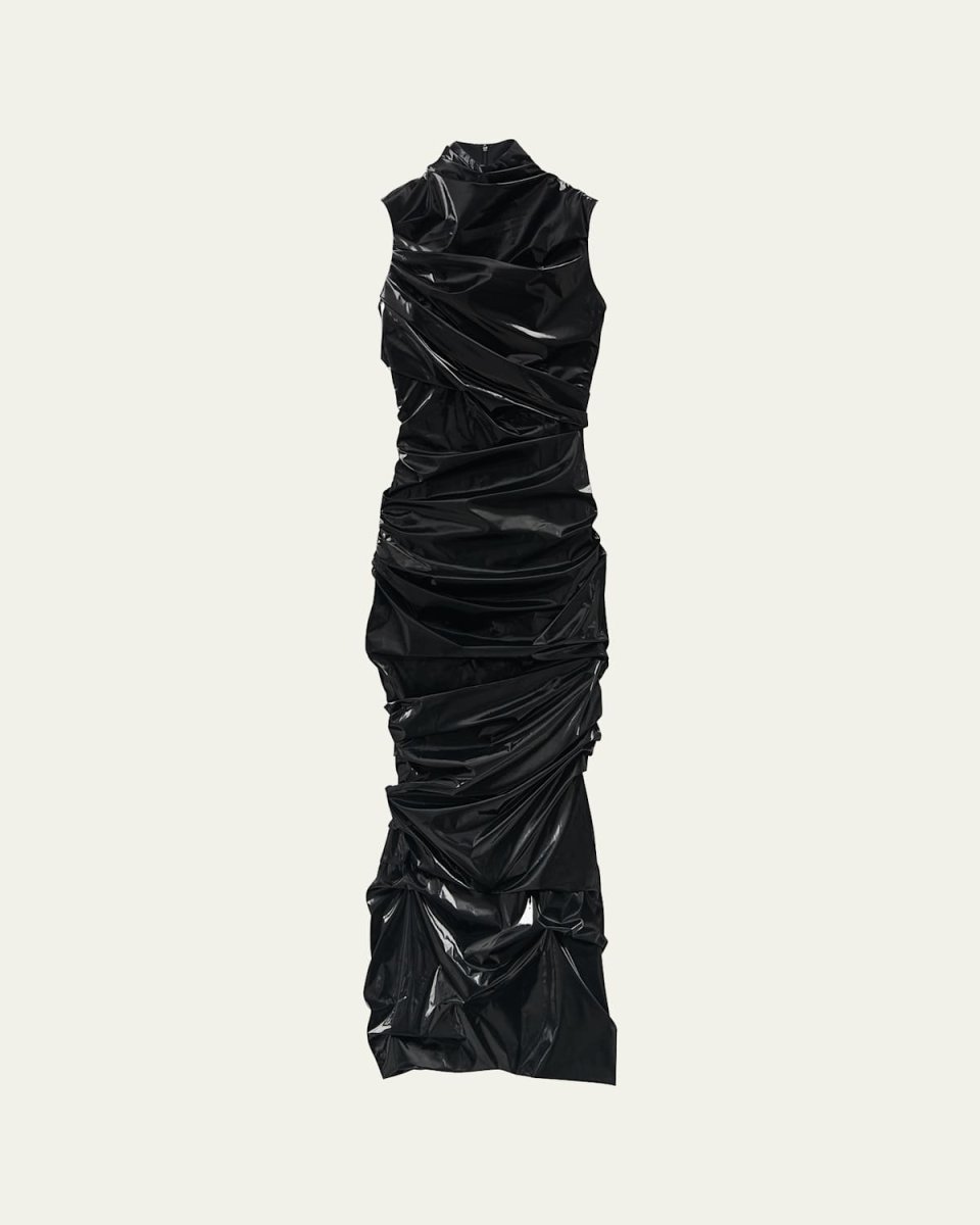 High-Neck Laminated Jersey Wrap Dress